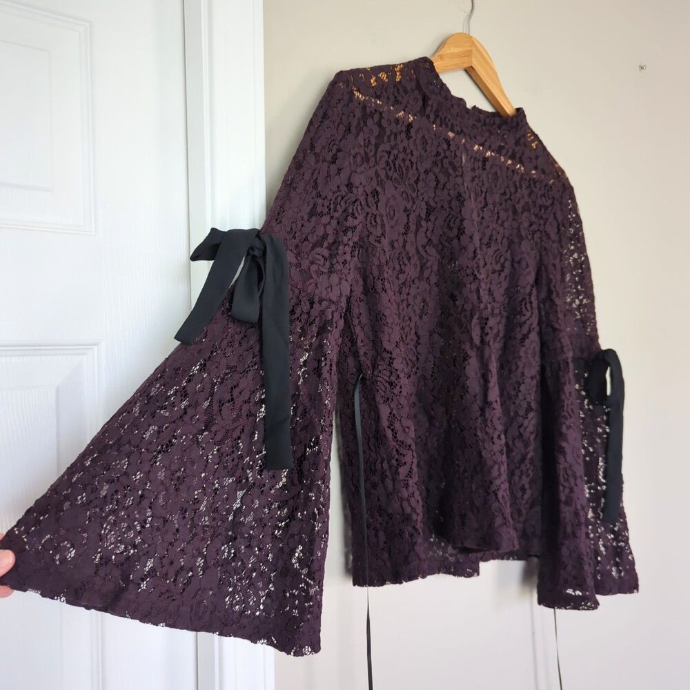LOFT Flare Sleeve Sheer Lace High Neck Top Plum Medium Dark Fairy Romantic Bow